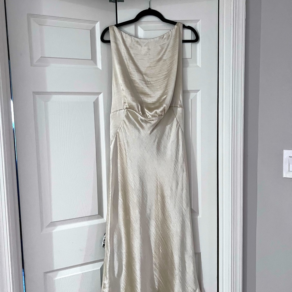 Silk scoop neck deep v back dress